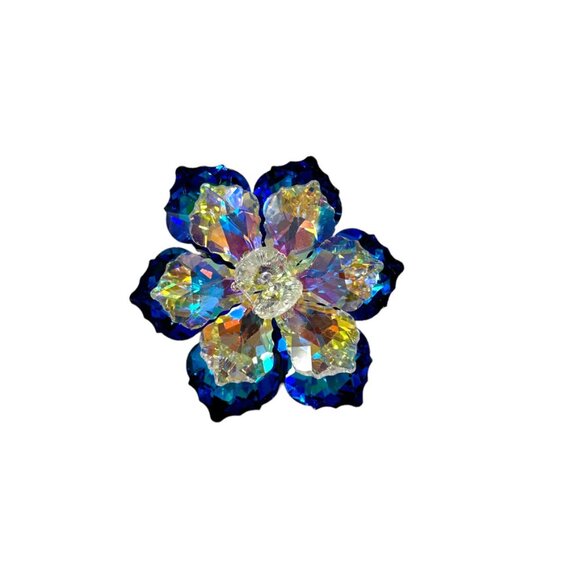 Sparkling Sapphire and Aurora Borealis crystal flower pin brooch - Picture 2 of 4